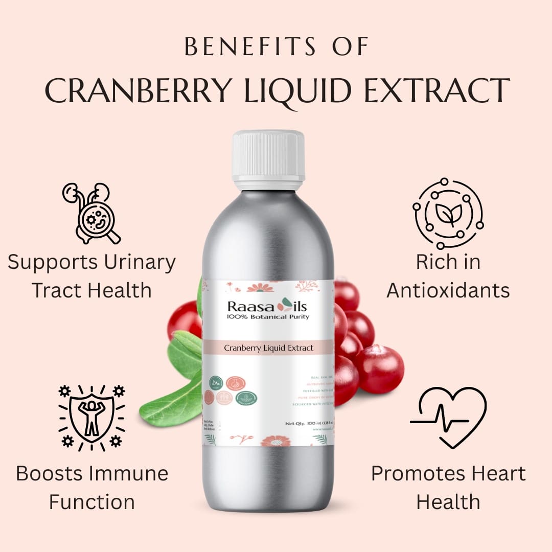 Cranberry liquid extract bottle with benefits listed on a light pink background