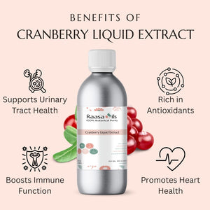 Cranberry liquid extract bottle with benefits listed on a light pink background