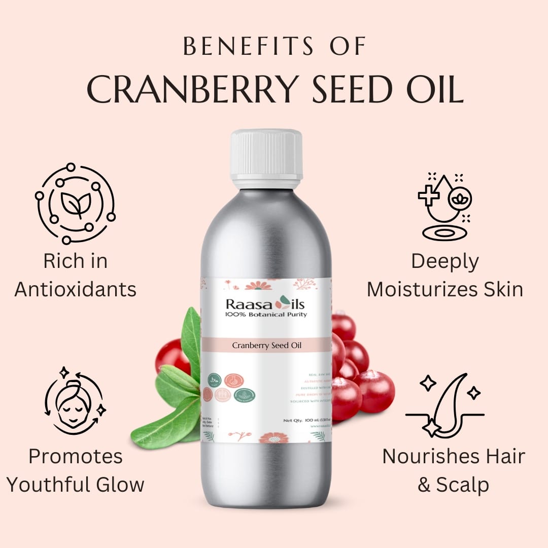 Bottle of Raasa Oils Cranberry Seed Oil with benefits listed on a pink background