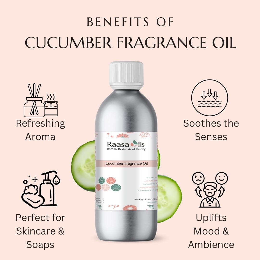 Raasa Oils cucumber fragrance oil bottle with benefits listed on a pink background