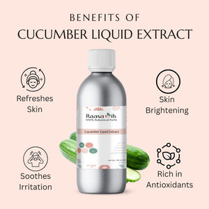 Bottle of Raasa Oils Cucumber Liquid Extract with benefits listed on a pink background