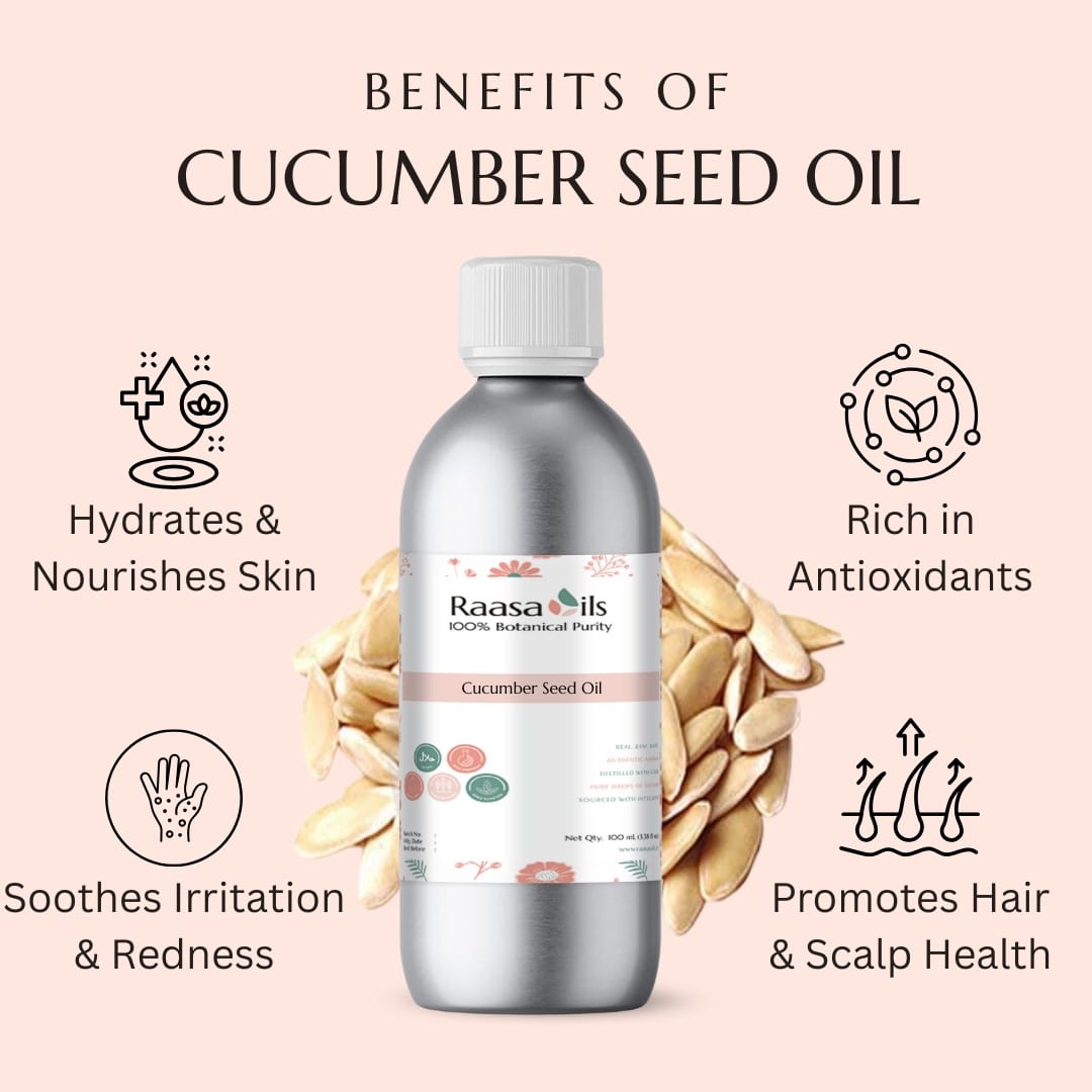 Bottle of Raasa Oils Cucumber Seed Oil with benefits listed on a pink background