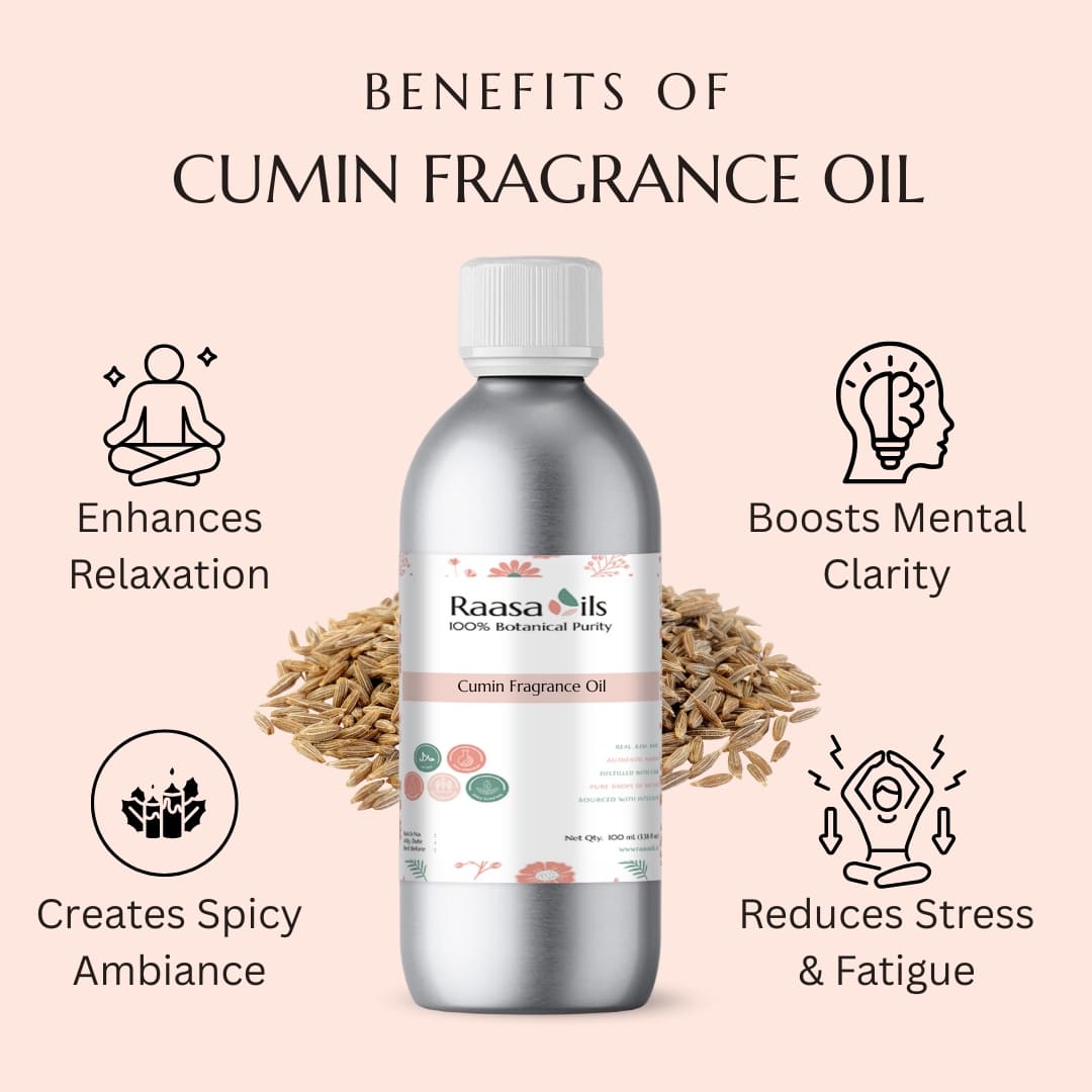 Cumin fragrance oil bottle with benefits listed on a pink background