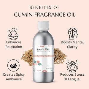 Cumin fragrance oil bottle with benefits listed on a pink background