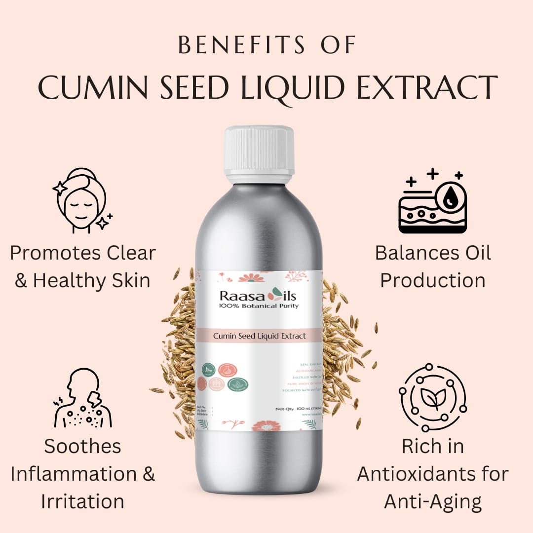Bottle of Raasa Oils Cumin Seed Liquid Extract with benefits listed on a pink background