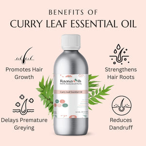 Bottle of Raasa Oils Curry Leaf Essential Oil with benefits listed on a pink background