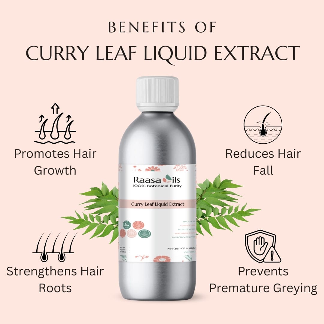 Bottle of Raasa Oils Curry Leaf Liquid Extract with benefits listed on a pink background