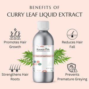 Bottle of Raasa Oils Curry Leaf Liquid Extract with benefits listed on a pink background