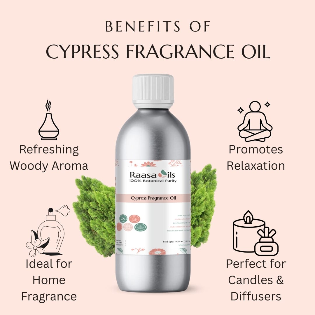 Raasa Oils Cypress Fragrance Oil bottle with benefits listed on a pink background