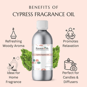 Raasa Oils Cypress Fragrance Oil bottle with benefits listed on a pink background
