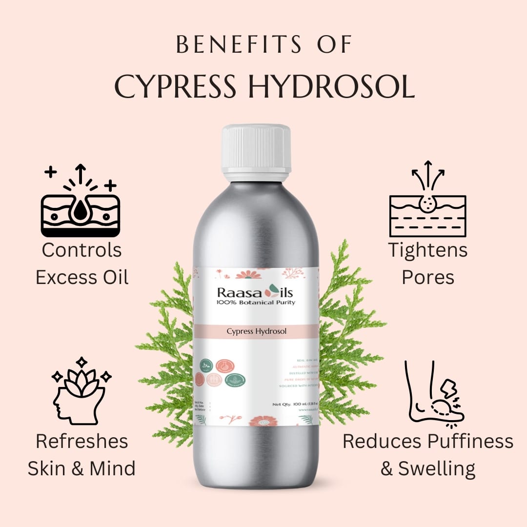 Bottle of Raasa Oils Cypress Hydrosol with benefits listed on a pink background