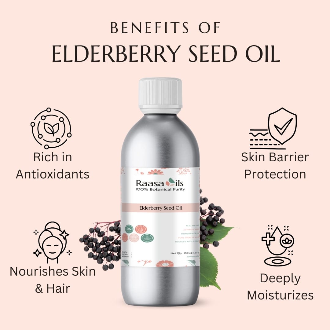 Raasa Oils Elderberry Seed Oil bottle with benefits listed on a pink background