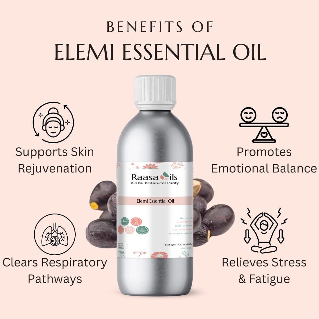 Raasa Oils Elemi Essential Oil bottle with benefits listed on a pink background