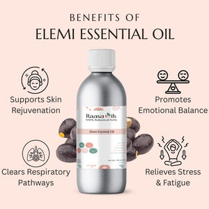 Raasa Oils Elemi Essential Oil bottle with benefits listed on a pink background