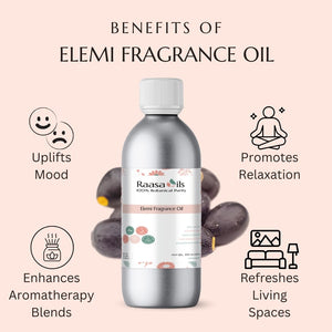 Bottle of Raasa Oils Elemi Fragrance Oil with benefits listed on a light pink background