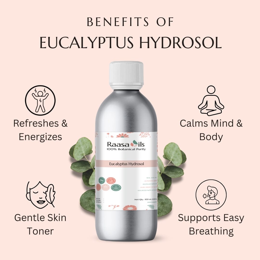 Bottle of Raasa Oils Eucalyptus Hydrosol with benefits listed on a pink background