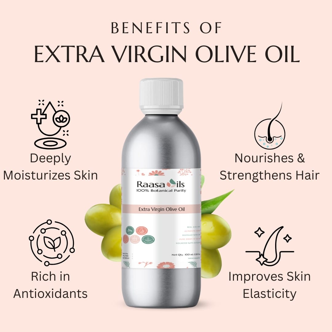 Bottle of Raasa Oils Extra Virgin Olive Oil with benefits listed on a pink background