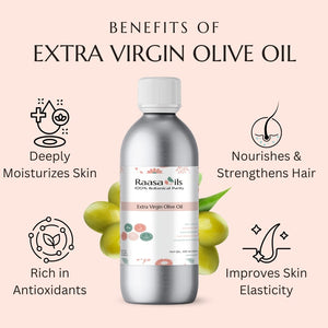Bottle of Raasa Oils Extra Virgin Olive Oil with benefits listed on a pink background