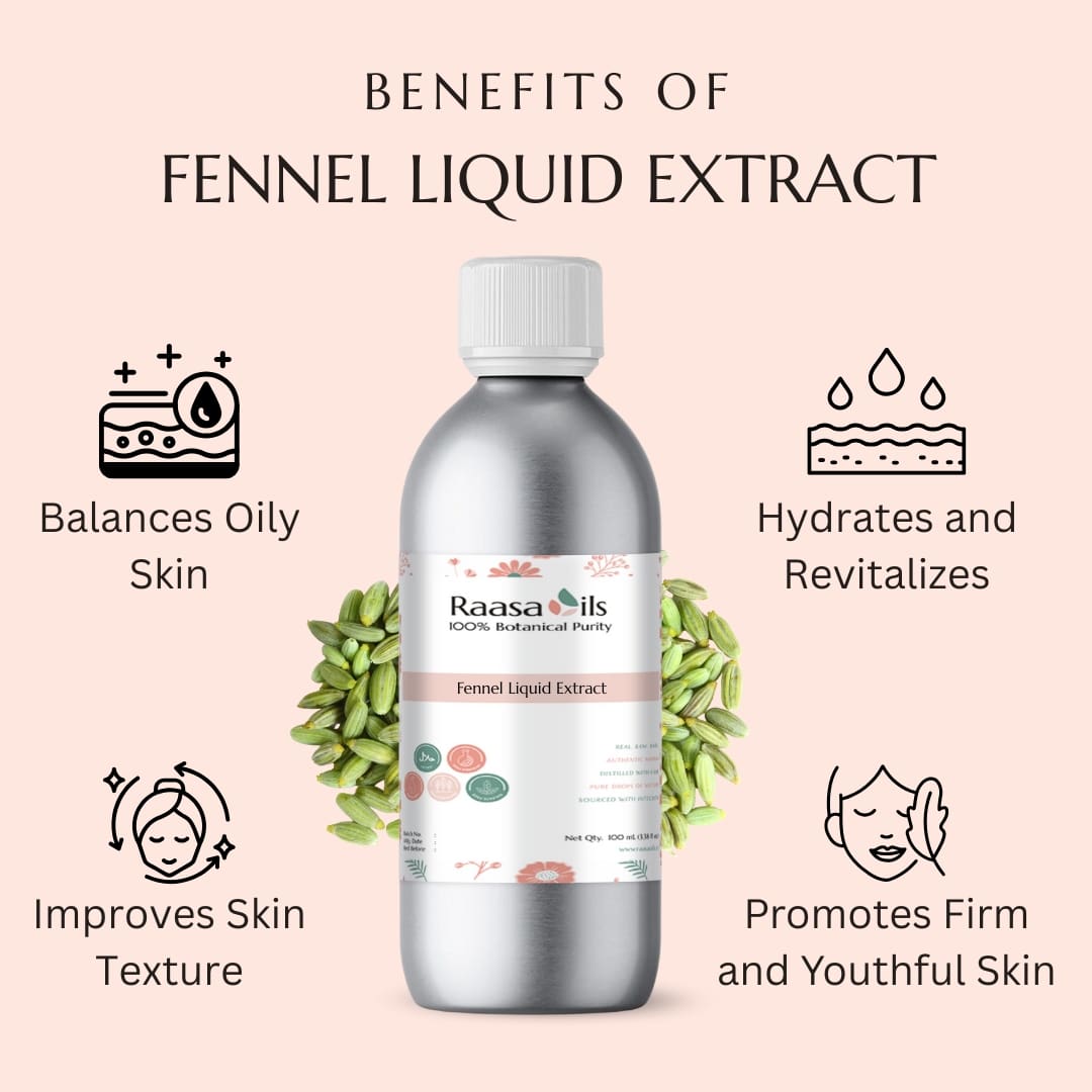 Fennel liquid extract bottle with benefits listed on a pink background