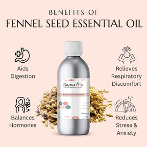 Bottle of Raasa Oils Fennel Seed Essential Oil with benefits listed on a pink background