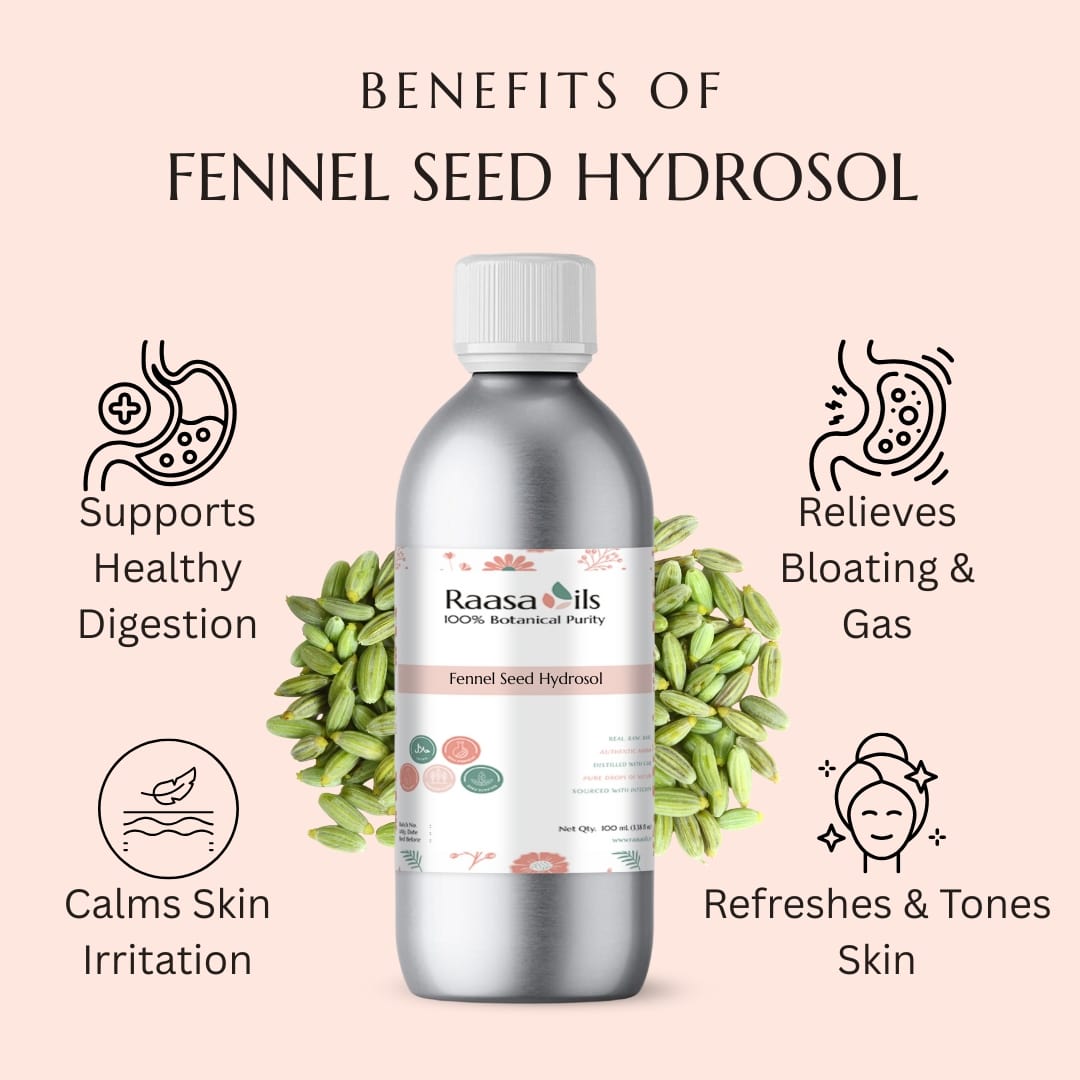 Bottle of Raasa Oils Fennel Seed Hydrosol with benefits listed on a pink background