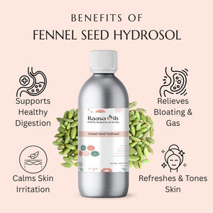 Bottle of Raasa Oils Fennel Seed Hydrosol with benefits listed on a pink background