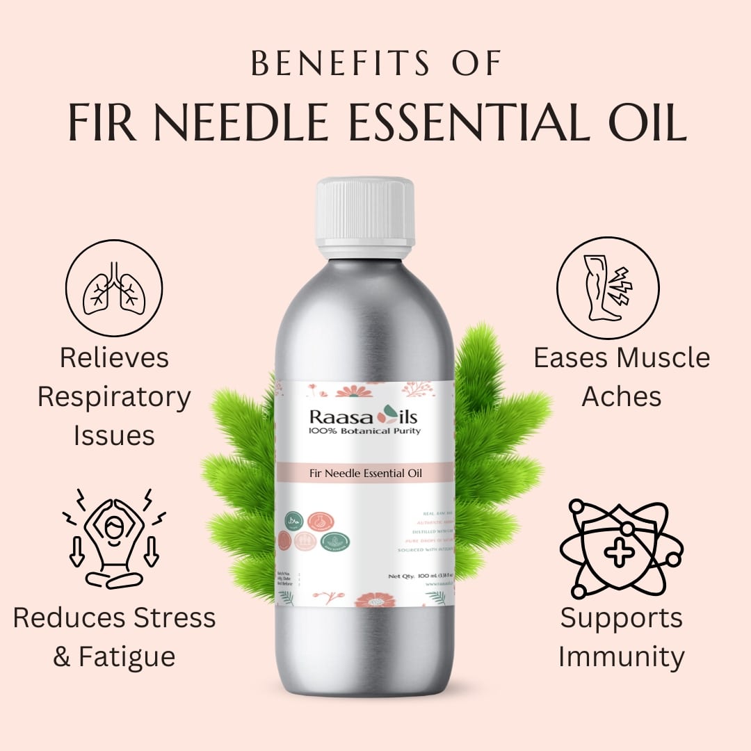 Bottle of Raasa Oils Fir Needle Essential Oil with benefits listed on a light pink background