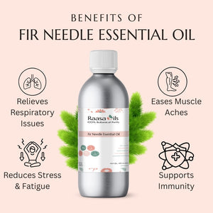 Bottle of Raasa Oils Fir Needle Essential Oil with benefits listed on a light pink background