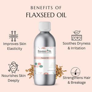 Bottle of Raasa Oils Flaxseed Oil with benefits listed on a pink background