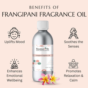 Raasa Oils frangipani fragrance oil bottle with benefits listed on a light pink background