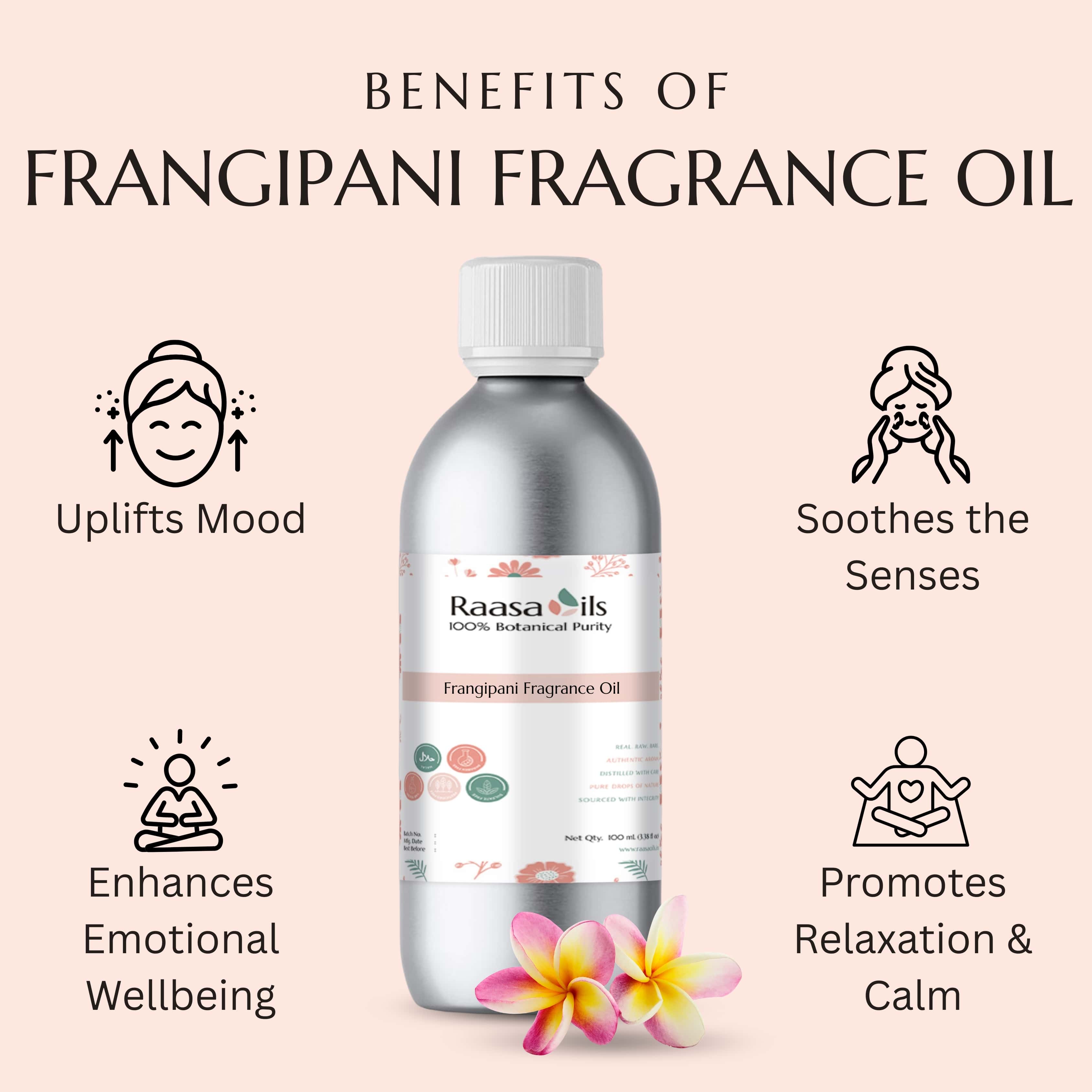 Raasa Oils frangipani fragrance oil bottle with benefits listed on a light pink background