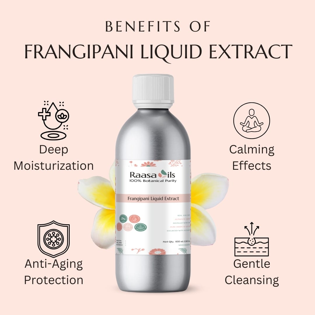 Bottle of Raasa Oils Frangipani Liquid Extract with benefits listed on a pink background