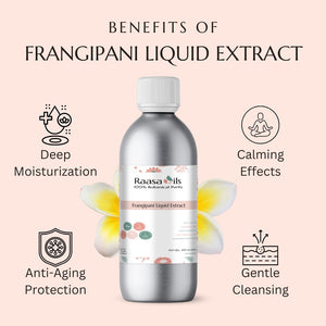 Bottle of Raasa Oils Frangipani Liquid Extract with benefits listed on a pink background
