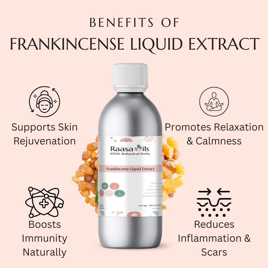 Bottle of Raasa Oils Frankincense Liquid Extract with benefits listed on a pink background