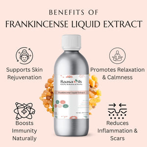 Bottle of Raasa Oils Frankincense Liquid Extract with benefits listed on a pink background
