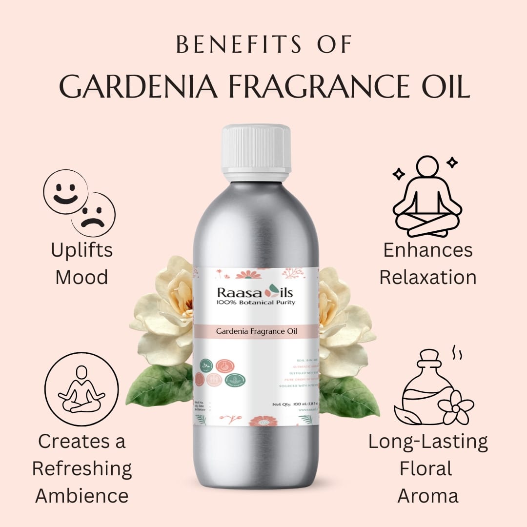 Raasa Oils Gardenia Fragrance Oil bottle with benefits listed on a light pink background