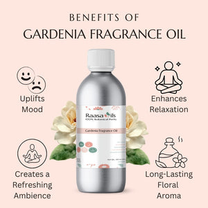Raasa Oils Gardenia Fragrance Oil bottle with benefits listed on a light pink background