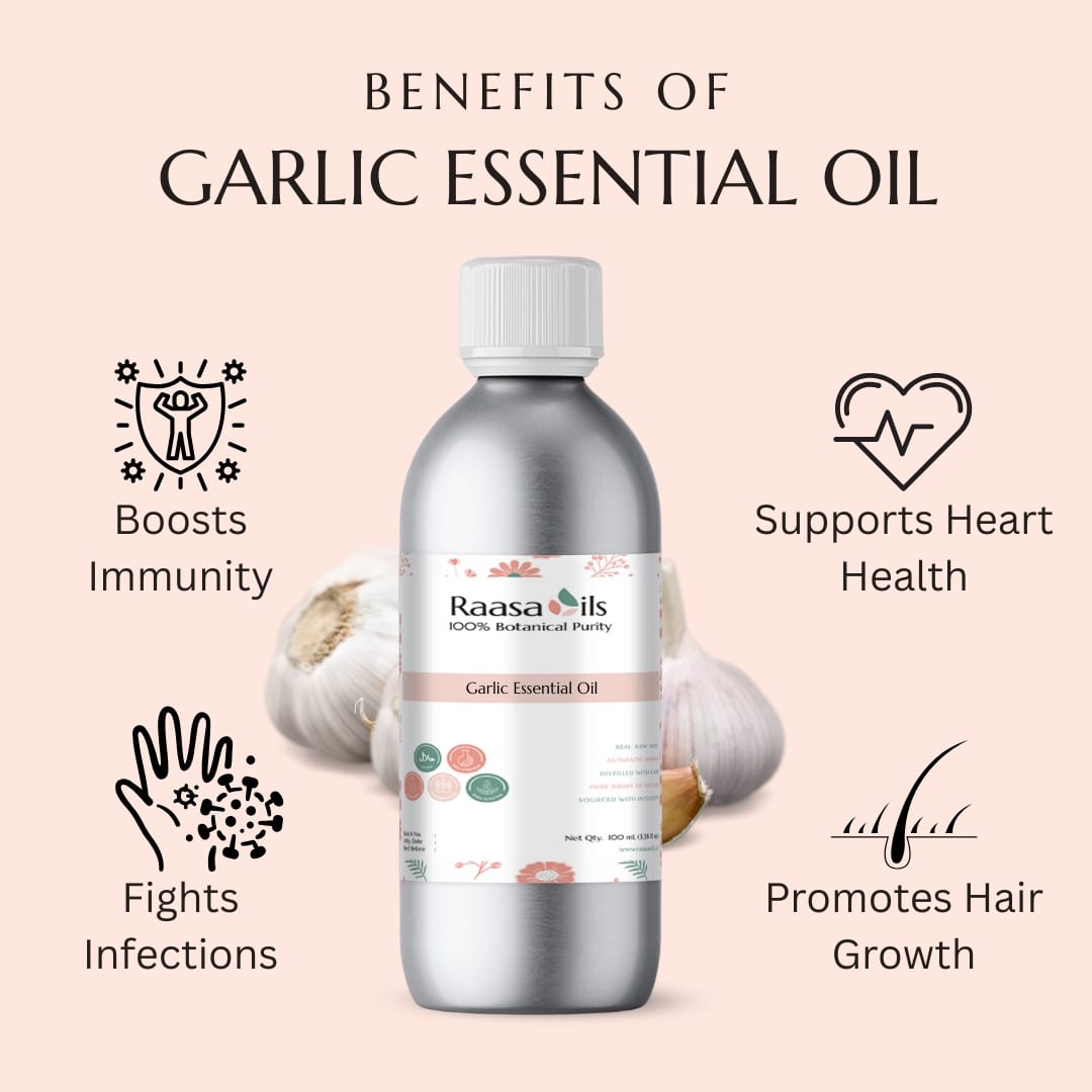 Raasa Oils Garlic Essential Oil bottle with benefits listed on a pink background