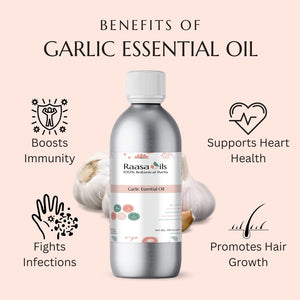 Raasa Oils Garlic Essential Oil bottle with benefits listed on a pink background