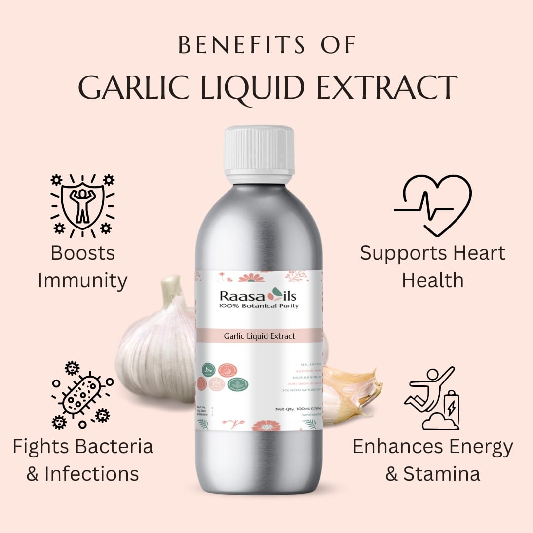 Bottle of Raasa Oils Garlic Liquid Extract with benefits listed on a pink background