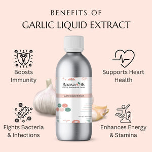 Bottle of Raasa Oils Garlic Liquid Extract with benefits listed on a pink background
