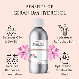 Raasa Oils Geranium Hydrosol bottle with benefits listed on a pink background