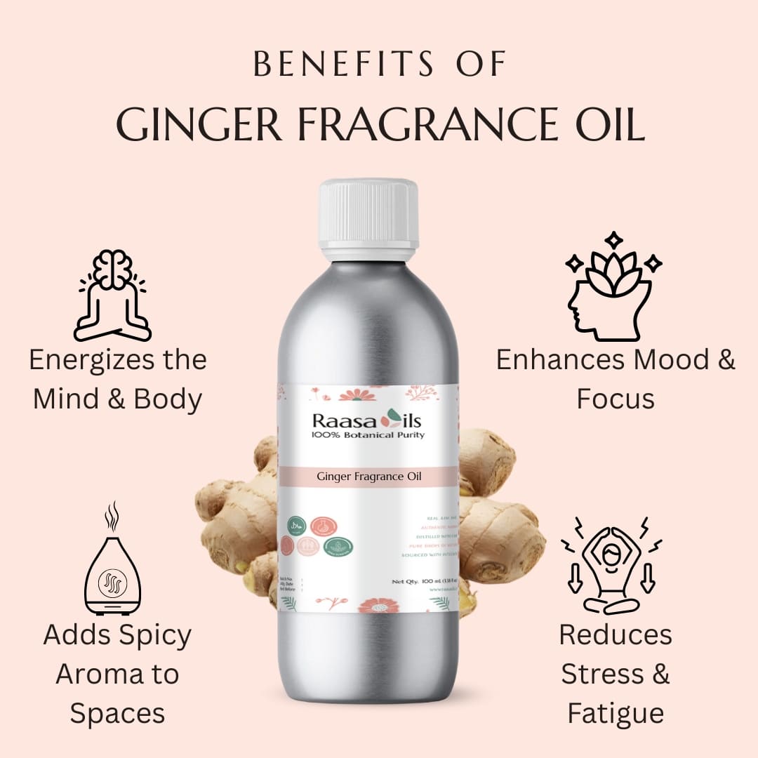Ginger fragrance oil bottle with benefits listed on a pink background