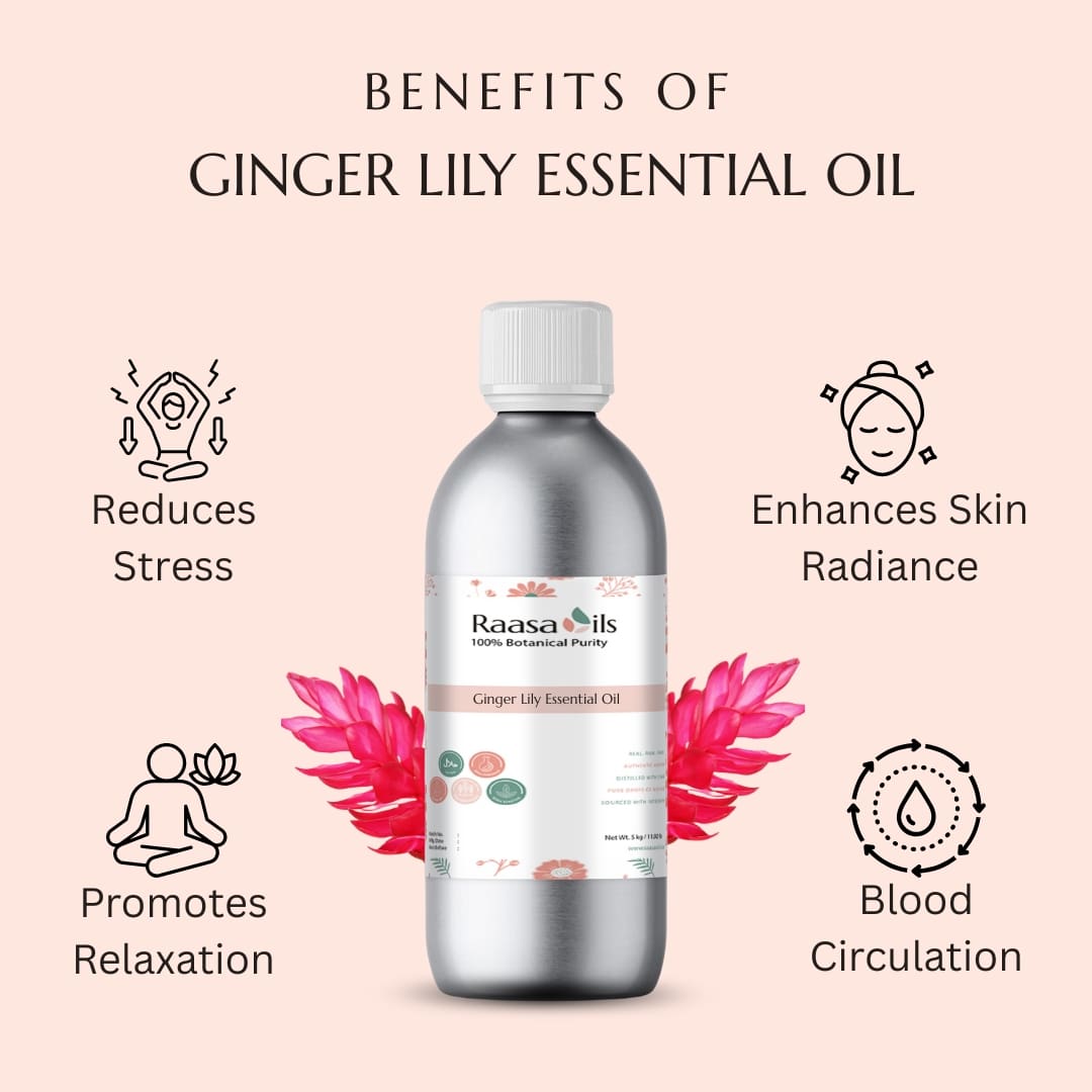 Raasa Oils Ginger Lily Essential Oil bottle with benefits listed on a pink background