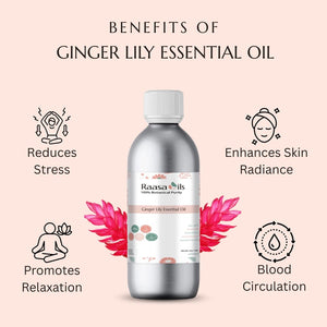 Raasa Oils Ginger Lily Essential Oil bottle with benefits listed on a pink background