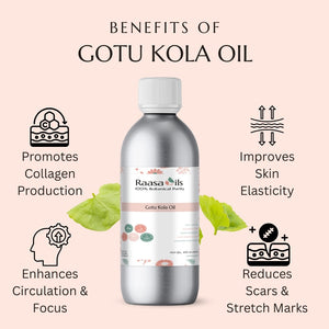 Raasa Oils Gotu Kola Oil bottle with benefits listed on a light pink background
