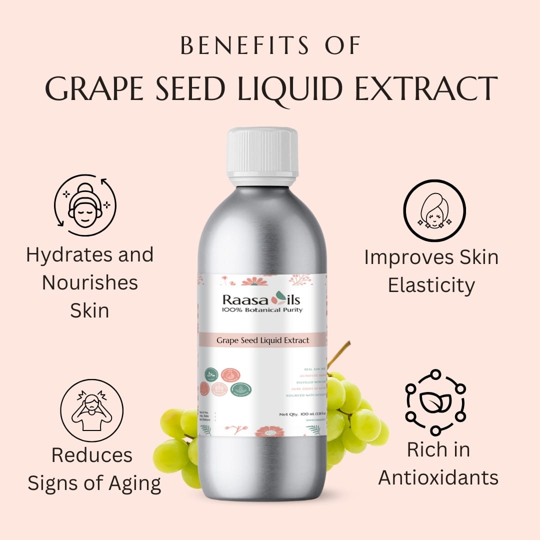Bottle of Raasa Oils Grape Seed Liquid Extract with benefits listed on a pink background