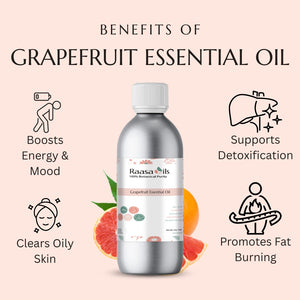 Grapefruit essential oil bottle with benefits listed on a pink background