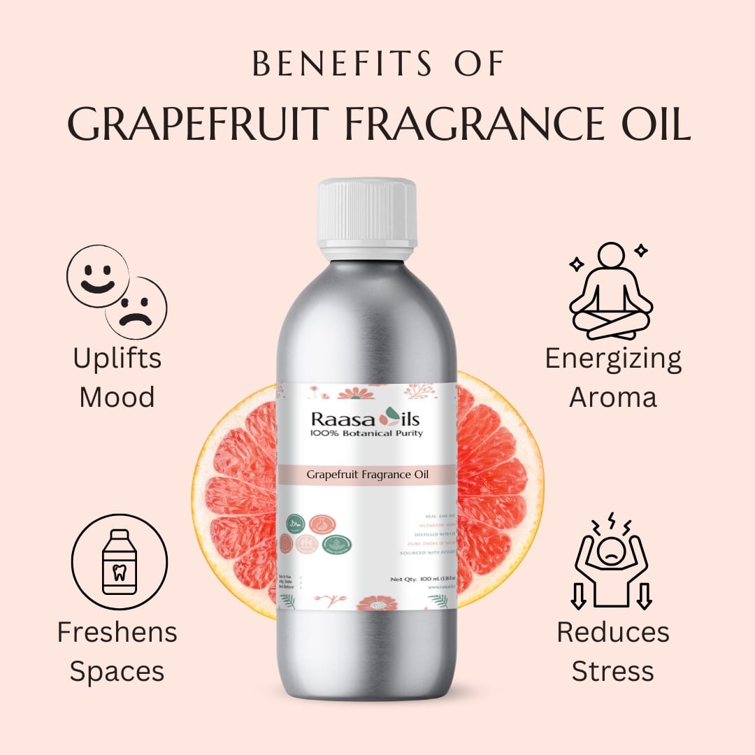 Grapefruit fragrance oil bottle with benefits listed on a pink background