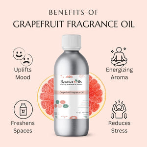 Grapefruit fragrance oil bottle with benefits listed on a pink background